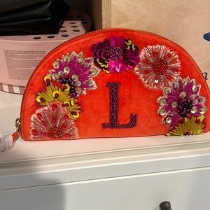 Anthropologie Beaded Monogram Velvet clutch purse L orange